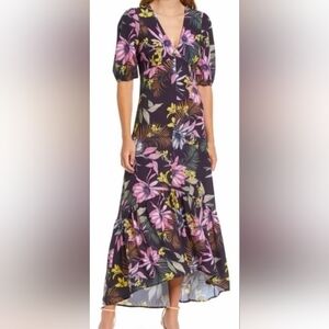 Fourteenth Place Black Floral Linnea Puff Sleeve Ruffled Hem Maxi Dress Size M